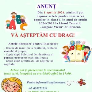 Din 01 aprilie 2024 vom primi noi membri ai comunității școlare – picii claselor I